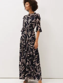 Amber Leaf Print Tiered Maxi Dress