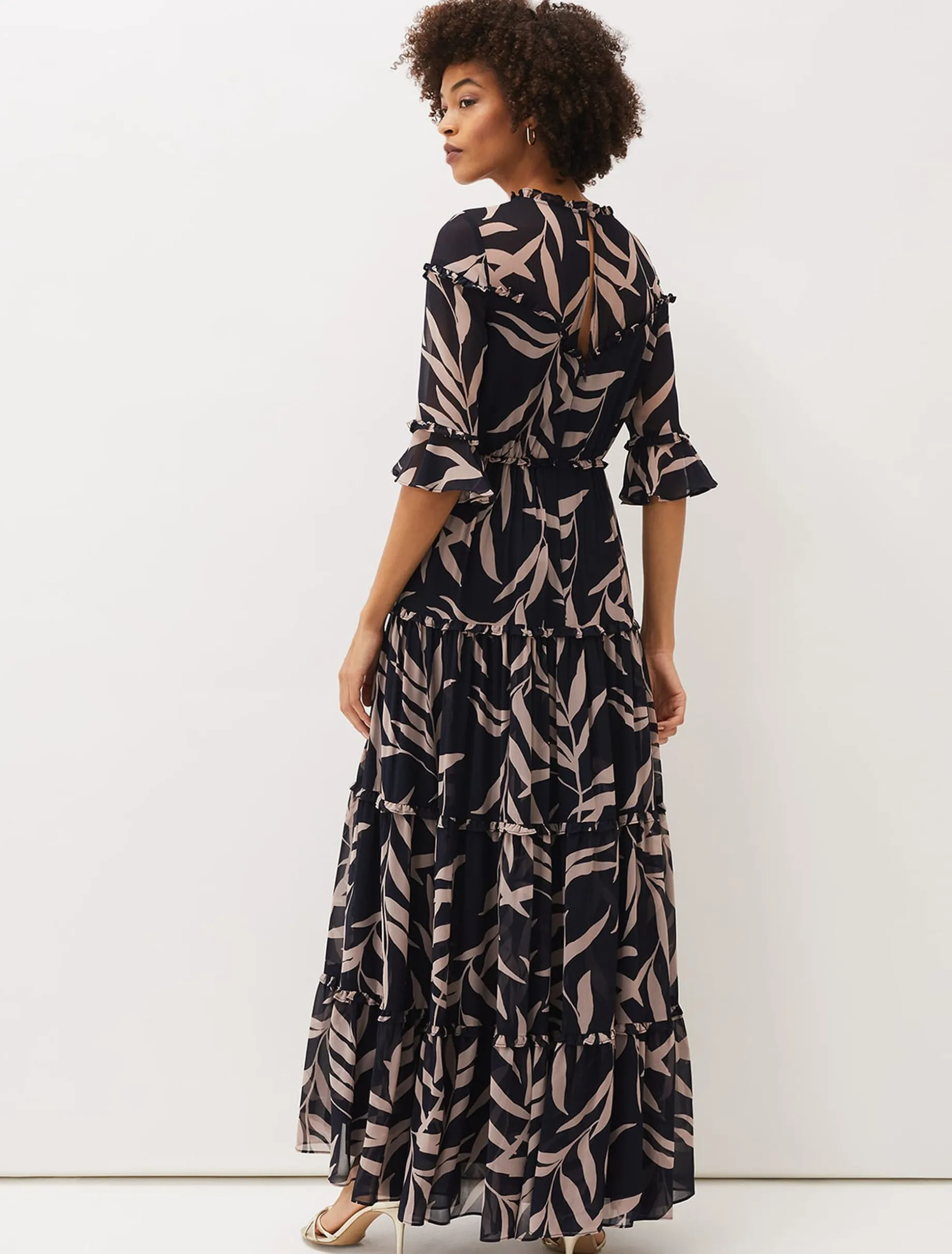Amber Leaf Print Tiered Maxi Dress