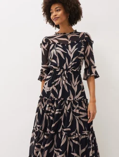 Amber Leaf Print Tiered Maxi Dress
