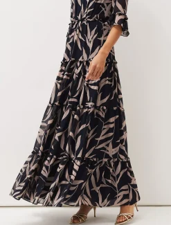Amber Leaf Print Tiered Maxi Dress