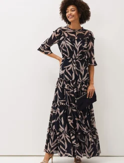 Amber Leaf Print Tiered Maxi Dress