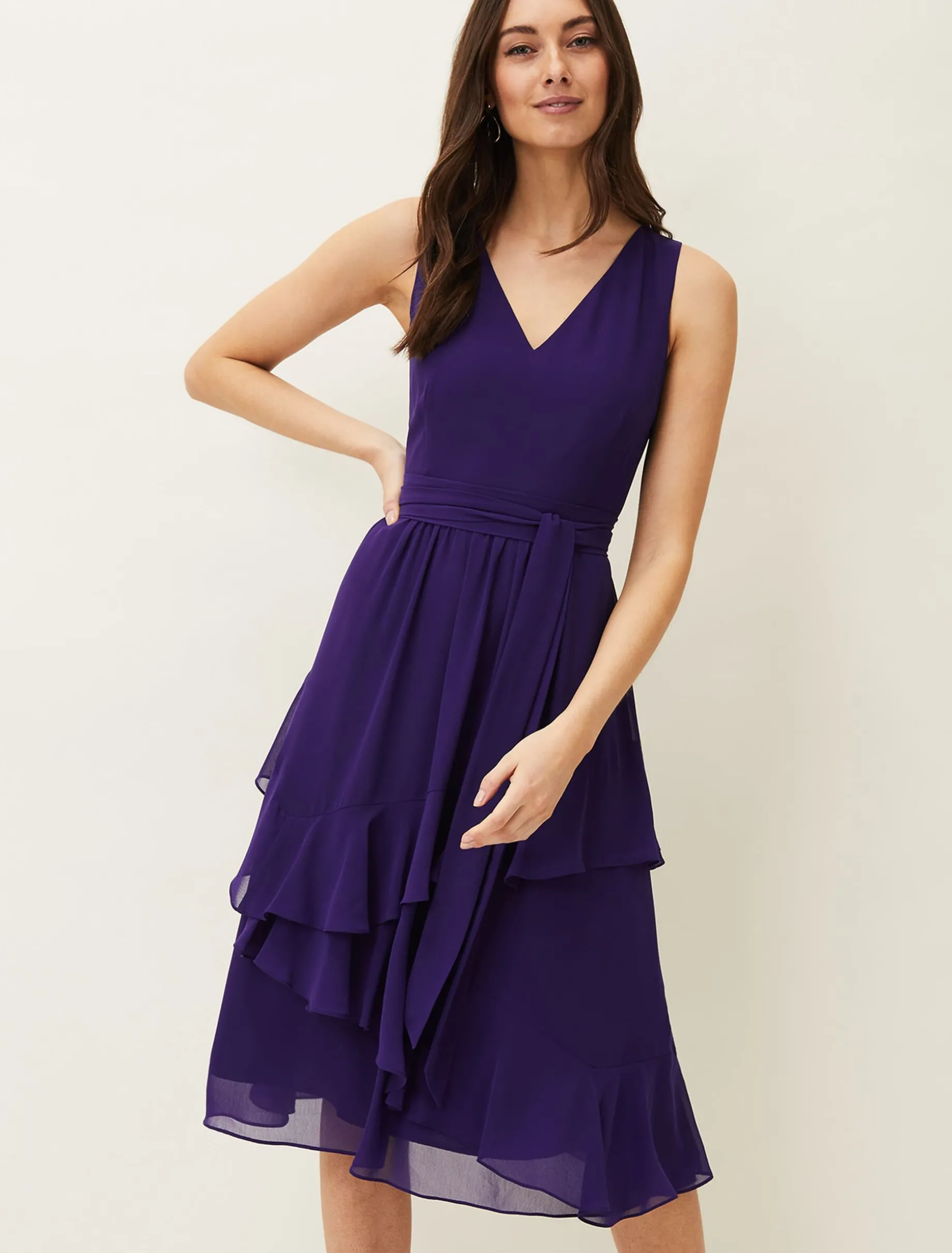Breesha Tiered V-Neck Fit And Flare Belted Dress