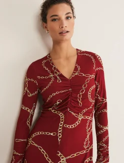 Cheska Chain Print Ruched Midi Dress