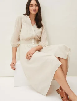 Elma Shirred Waist Puff Sleeve Midi Dress