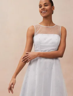 Evadine Pearl Embellished Tulle Dress