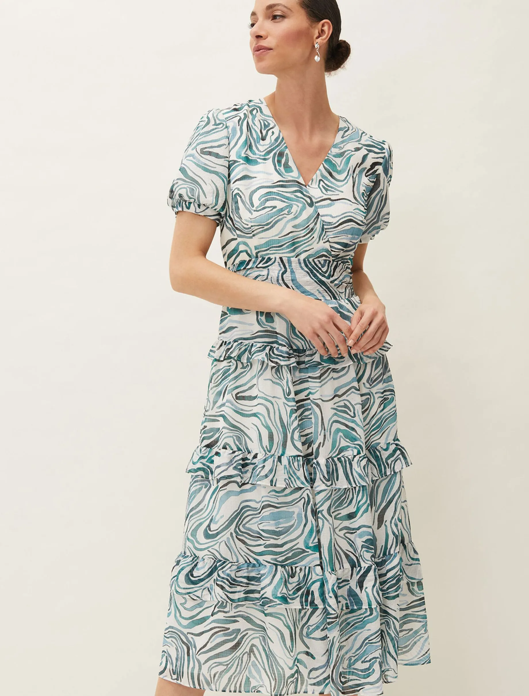 Iona Swirls Print Tiered Short Sleeved Midi Dress