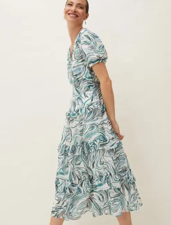 Iona Swirls Print Tiered Short Sleeved Midi Dress