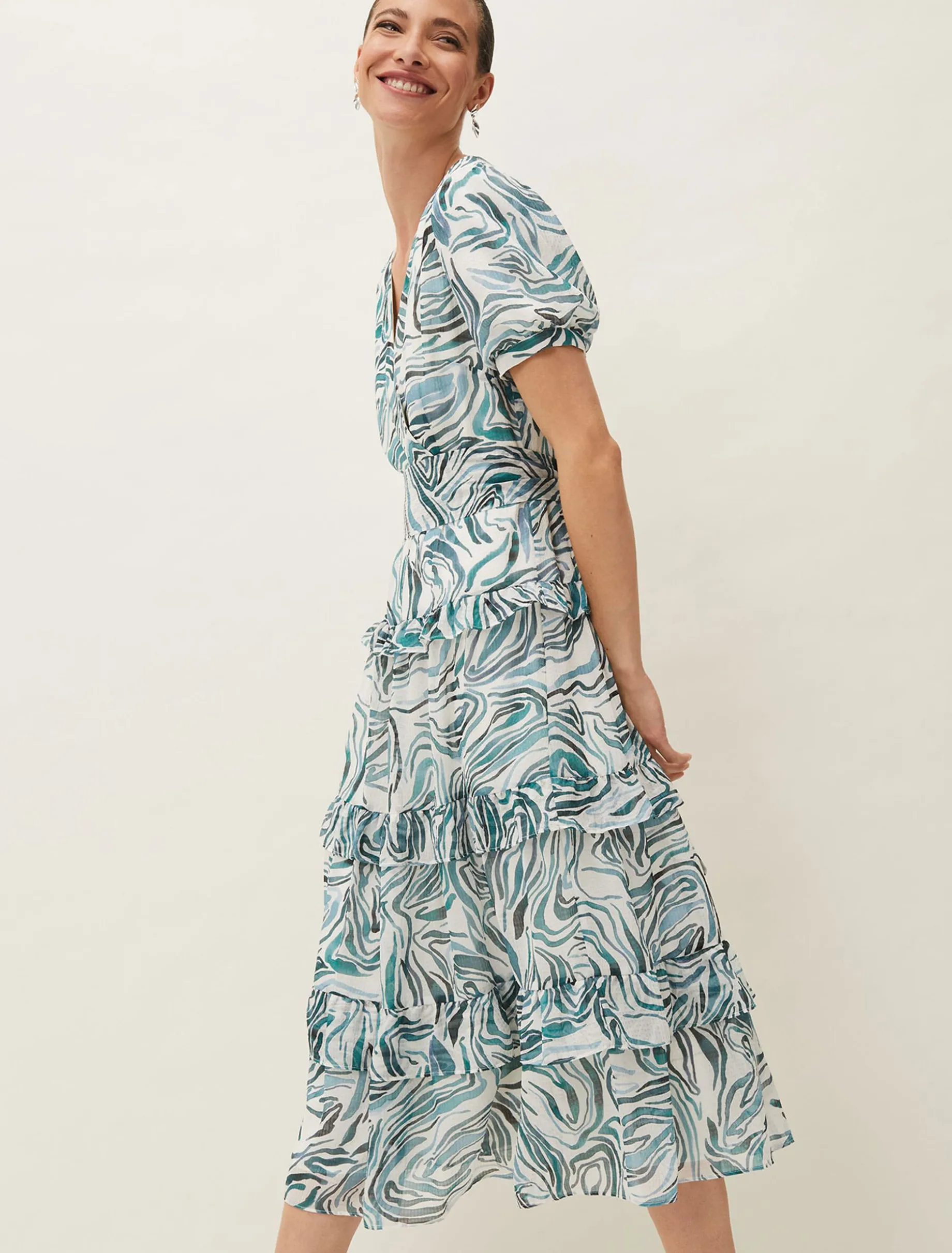 Iona Swirls Print Tiered Short Sleeved Midi Dress