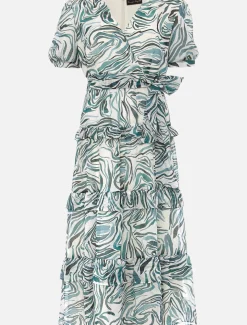 Iona Swirls Print Tiered Short Sleeved Midi Dress