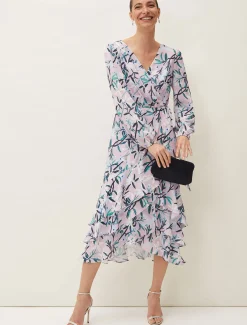 Jenna Floral Long Sleeved V-Neck Midi Dress