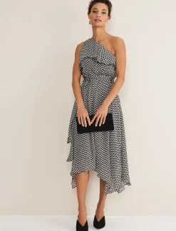 Kaz Checked One Shoulder Midi Dress