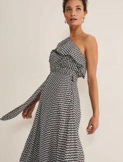 Kaz Checked One Shoulder Midi Dress