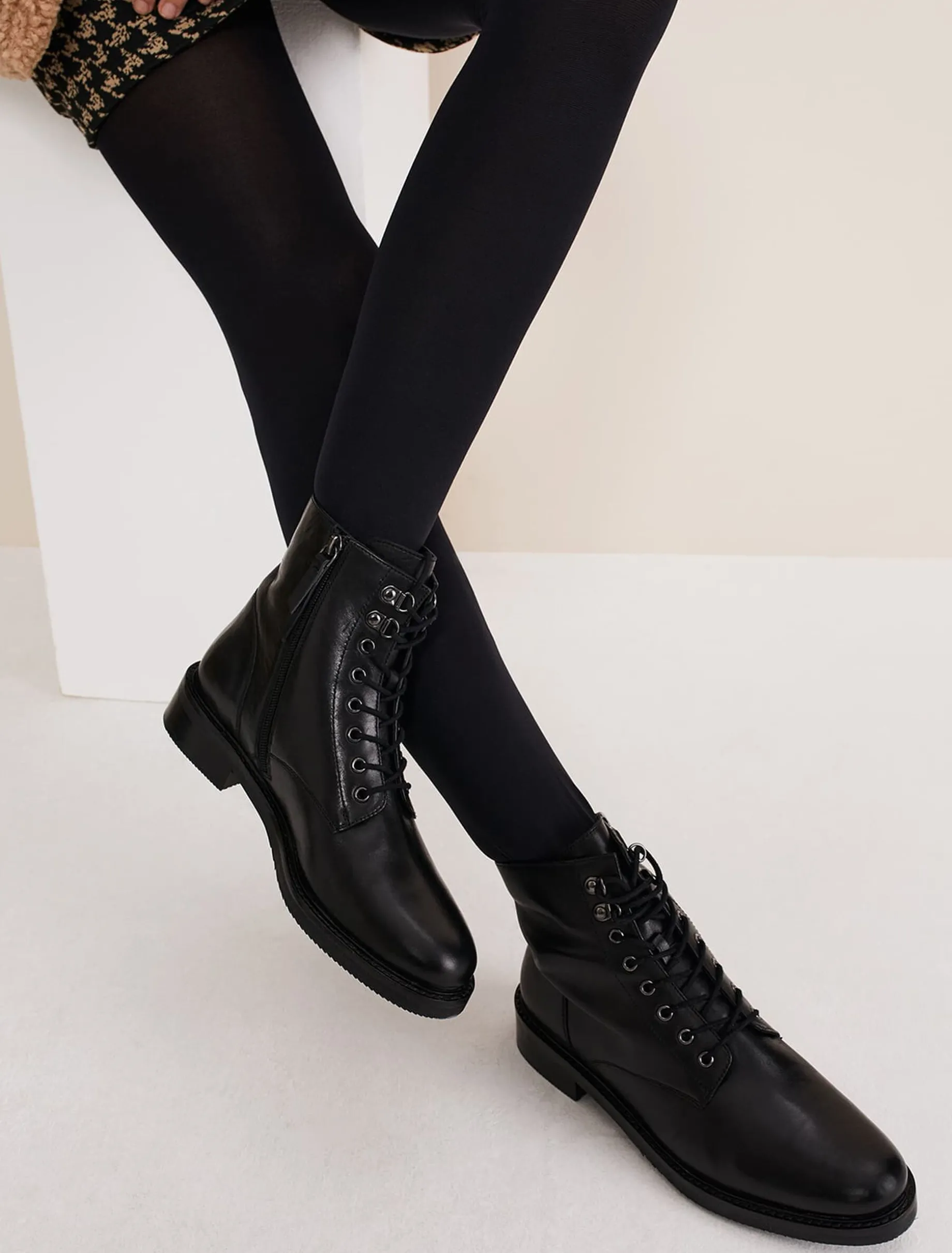 Lace Up Leather Flat Boots