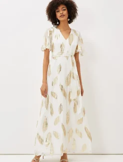 Larah Feather Print Silk Jacquard Maxi Dress