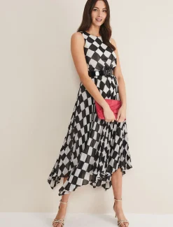 Laurel Checked Pleated Midi Dress