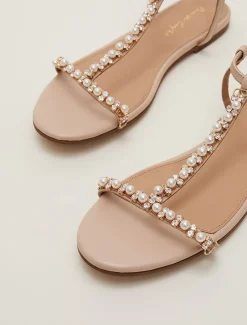 Leather Jewel Trim Flat Sandal