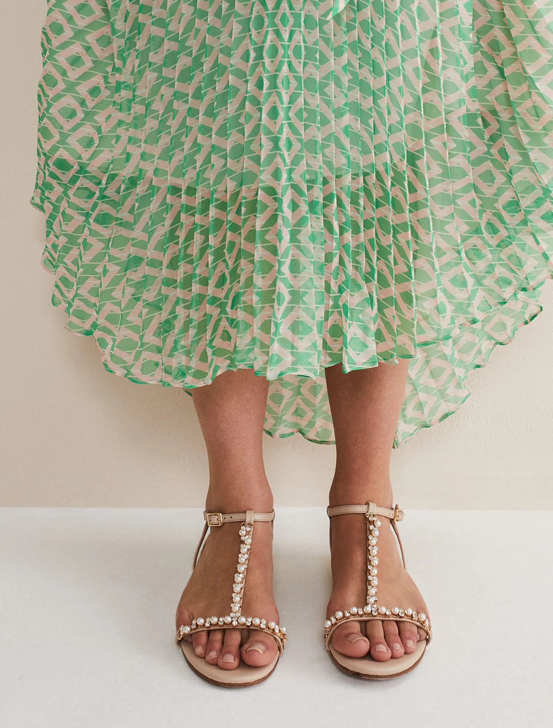 Leather Jewel Trim Flat Sandal