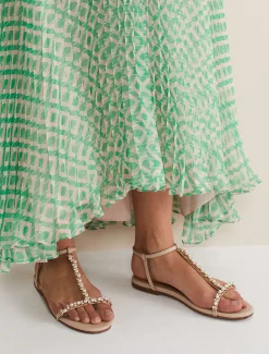 Leather Jewel Trim Flat Sandal