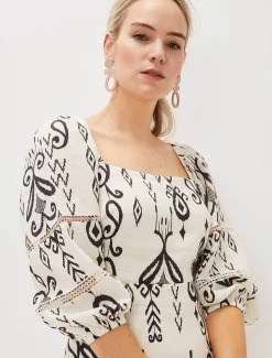 Linen Ikat Print A-Line Dress