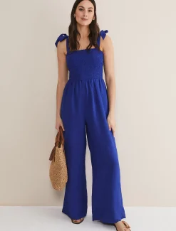 Ona Linen Shirred Wide Leg Jumpsuit