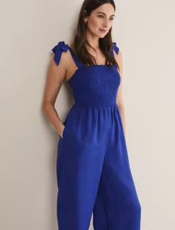 Ona Linen Shirred Wide Leg Jumpsuit