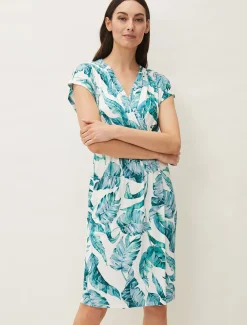 Palms Print Fitted Short Sleeved Jersey Dress