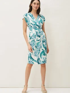 Palms Print Fitted Short Sleeved Jersey Dress
