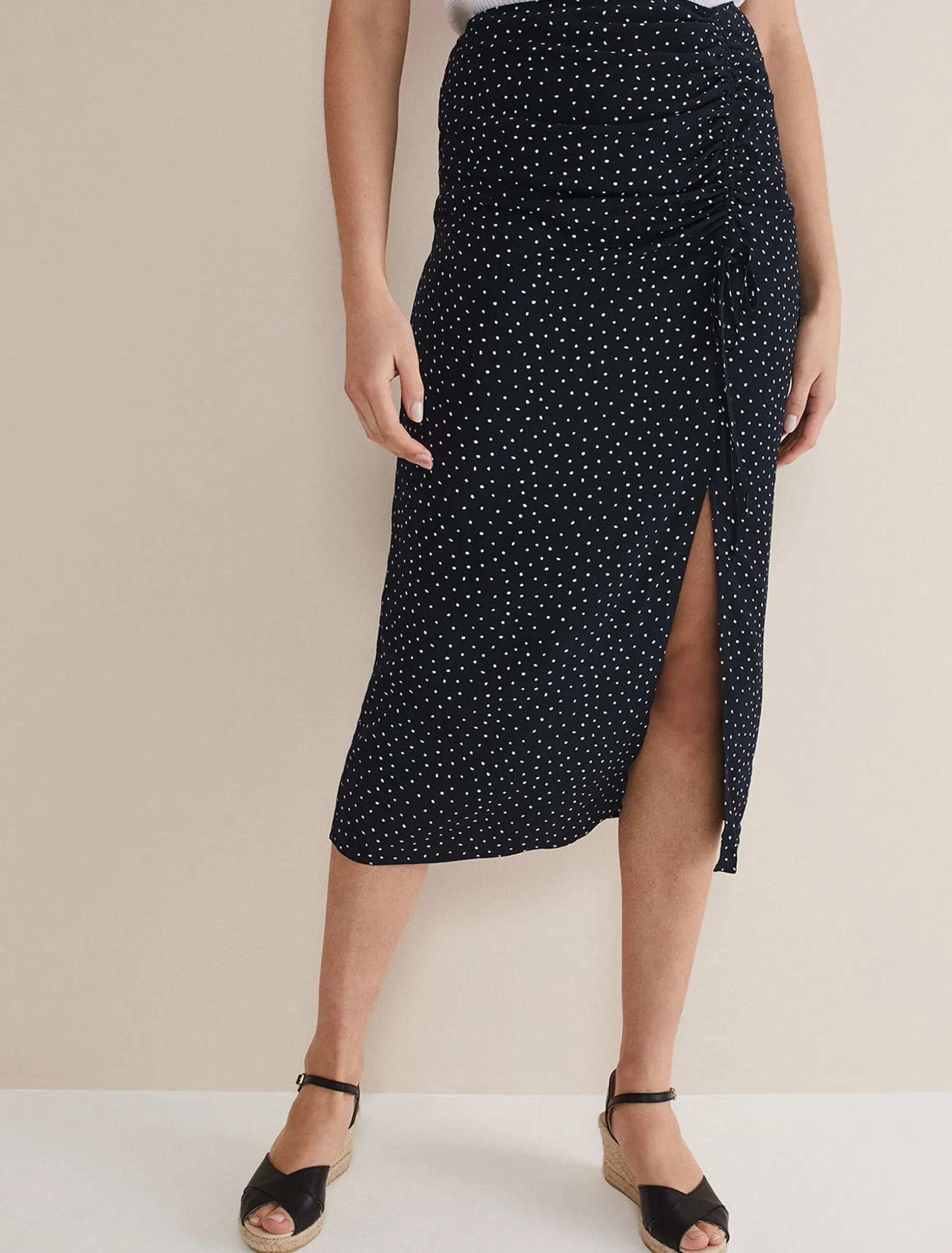 Spot Print Midi Ruched Skirt