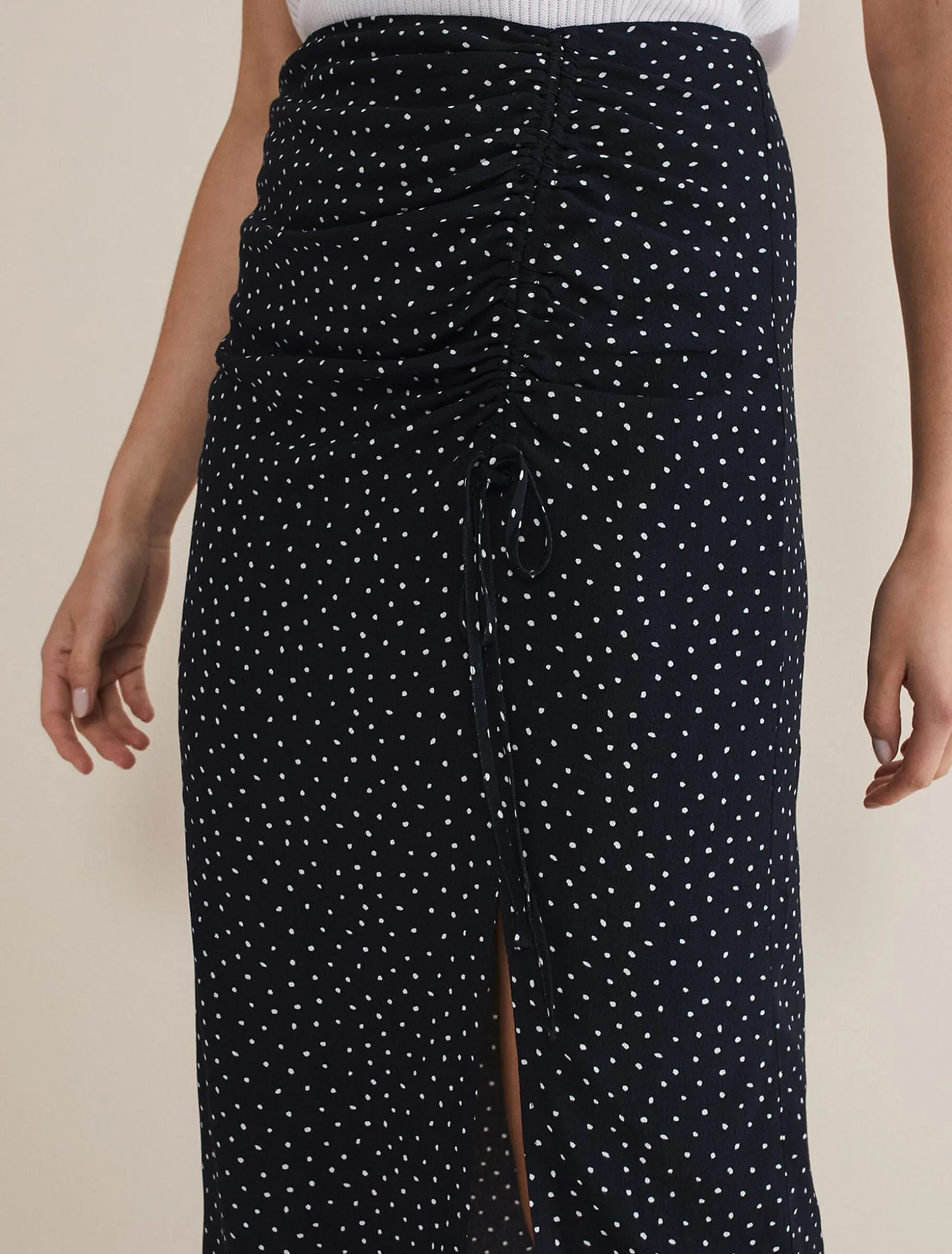 Spot Print Midi Ruched Skirt