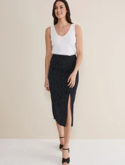 Spot Print Midi Ruched Skirt