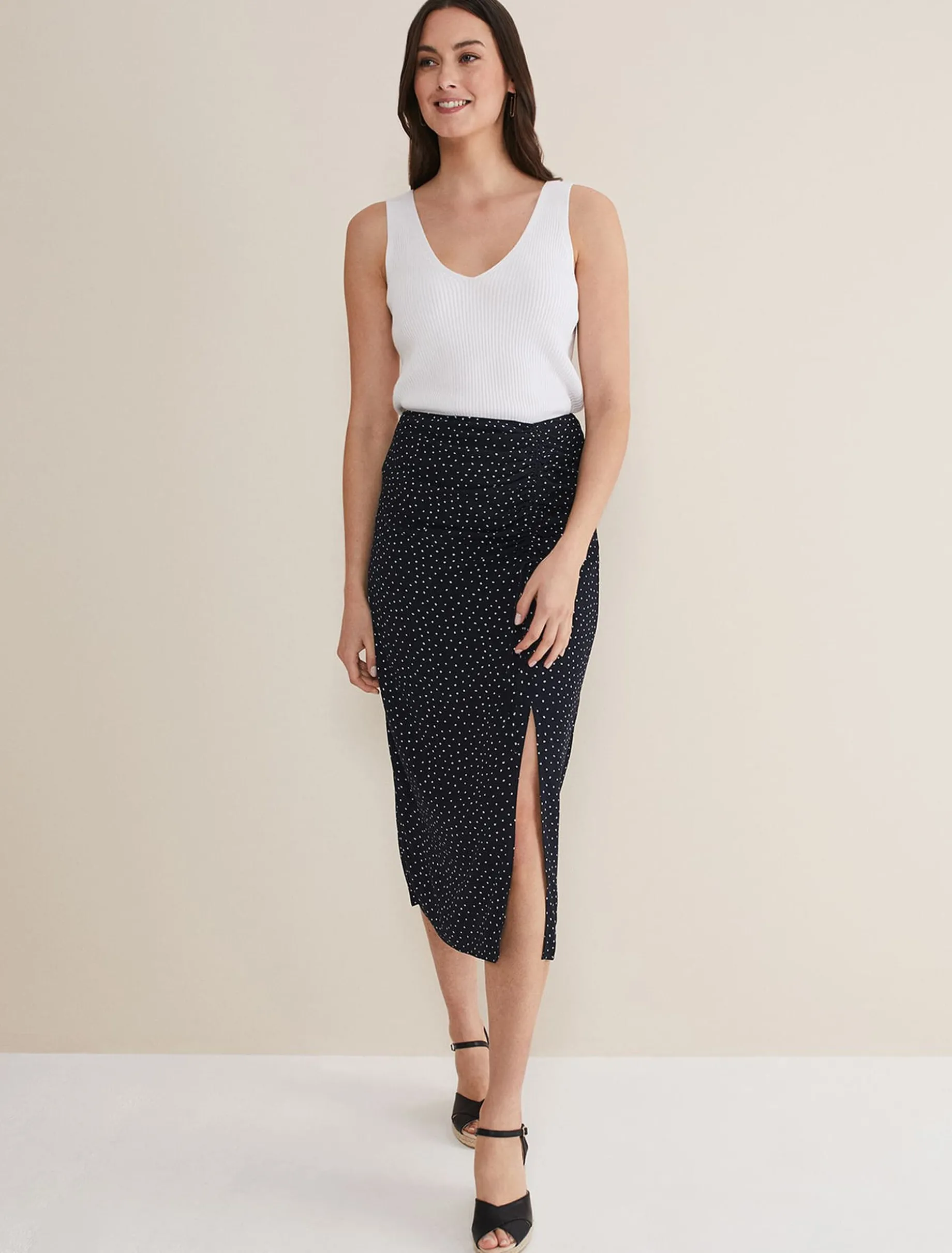 Spot Print Midi Ruched Skirt