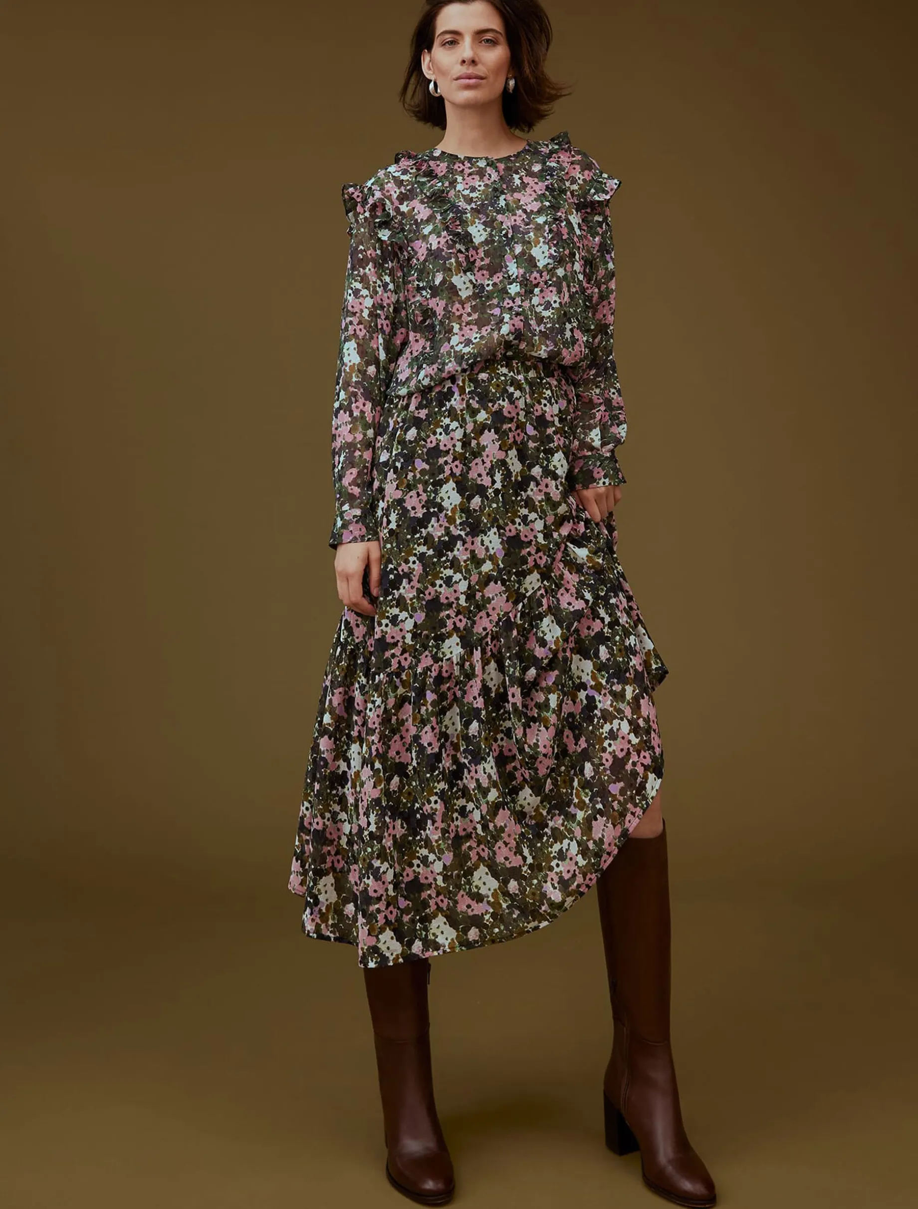 Zowena Floral Tiered Midi Skirt